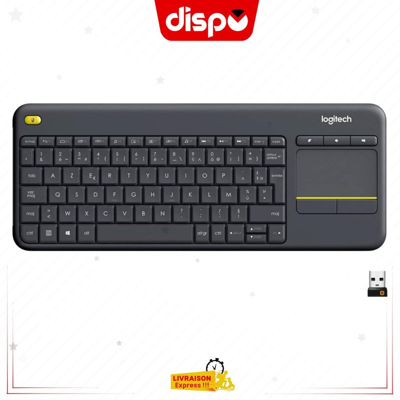 Clavier Sans Fil Logitech K400 Plus Touch TV Avec Contrôle Média et Pavé Tactile, AZERTY - Noir