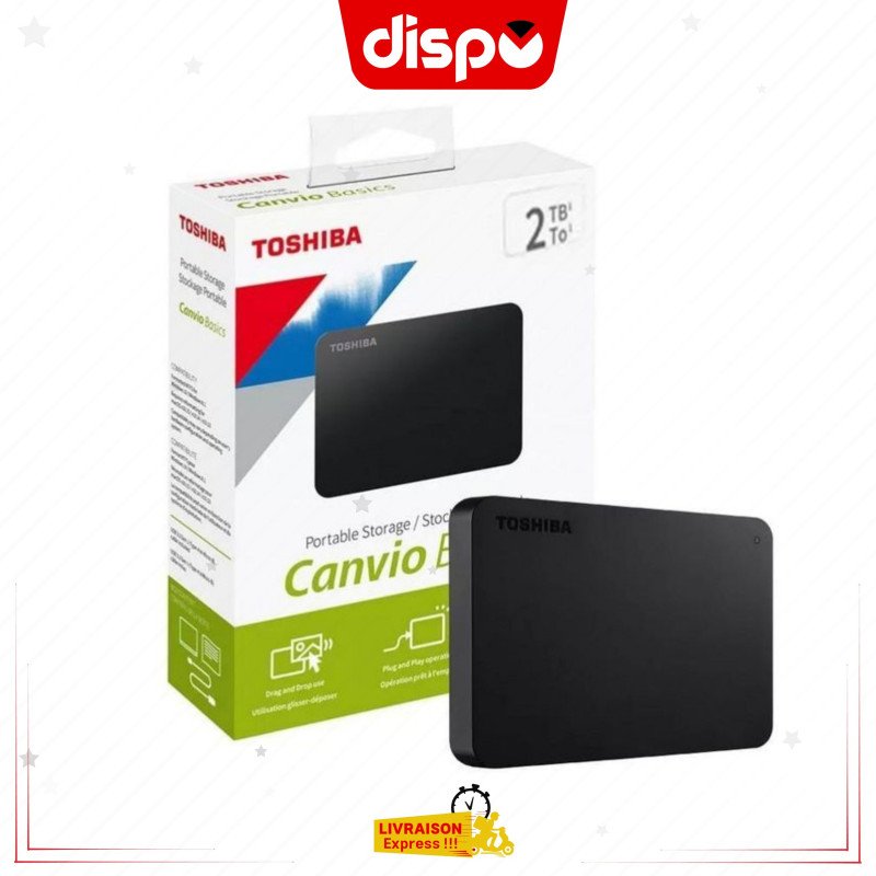 Disque Dur Externe Portable TOSHIBA 2 To Canvio Basic - USB 3.0 Pour PC, Windows Et Mac, Noir