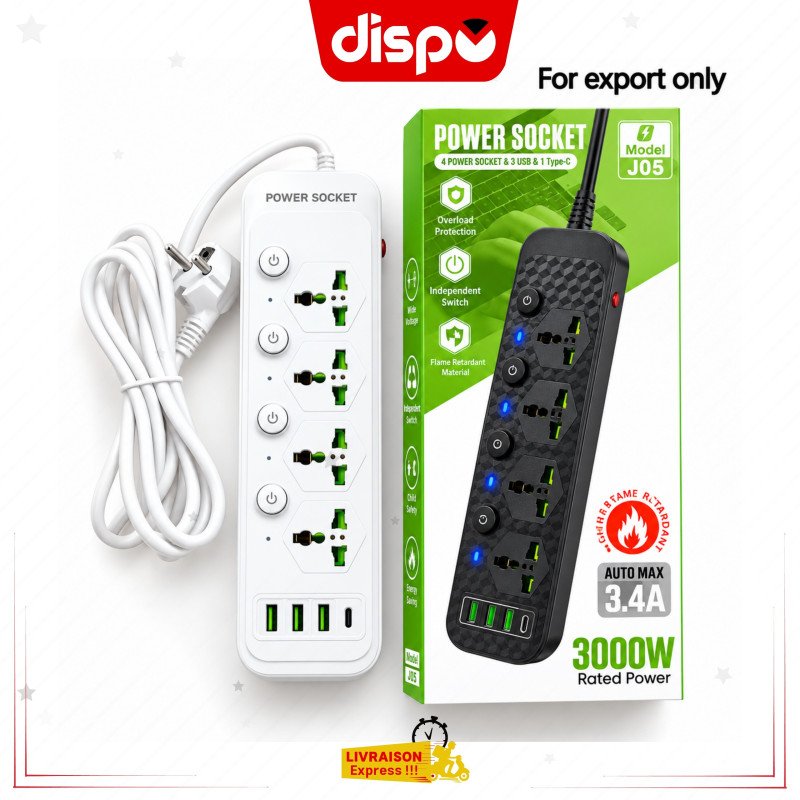 Power Socket Multiprise Rallonges J05 – 4 Prises + 3 USB + Type-C, 3000W, Anti-Surtension