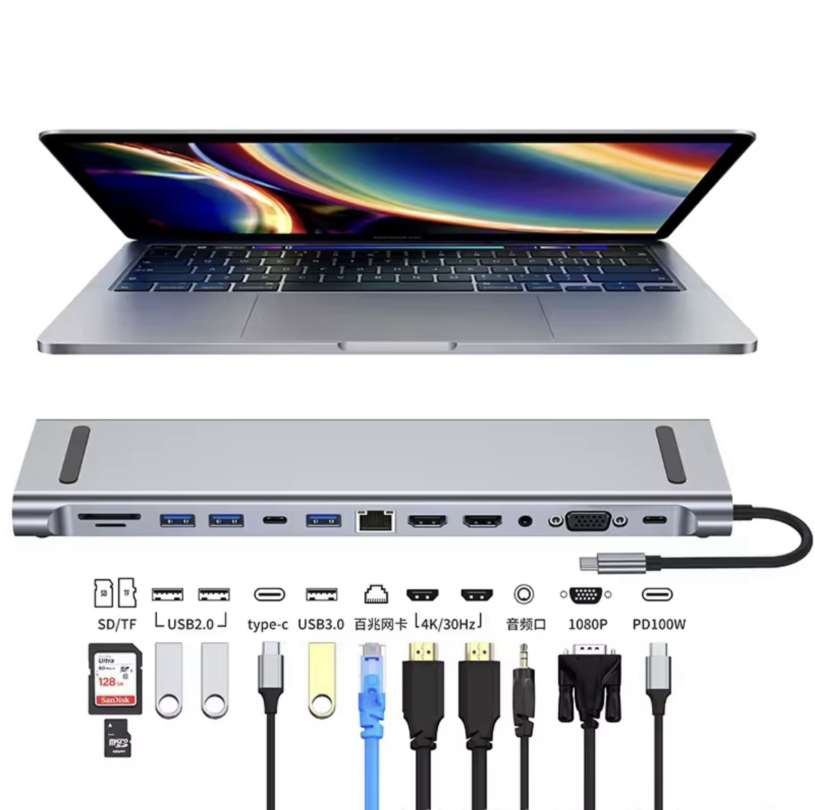 ADAPTATEUR MULTIPORT 12 EN 1 : WIN/MAC-DP-HDMI-VGA-LAN-USBC- 3XUSB3.0-USB-PD100W-SD/TF-JACK – Image 4