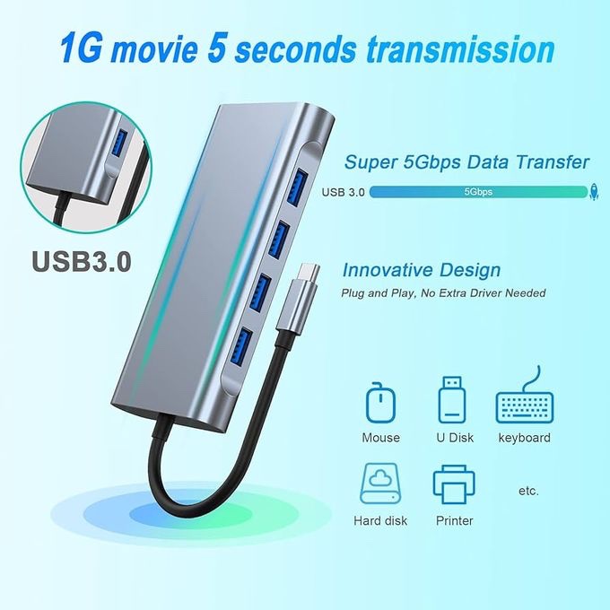 Hub USB C, adaptateur de hub 11 en 1 de type C avec HDMI 4K