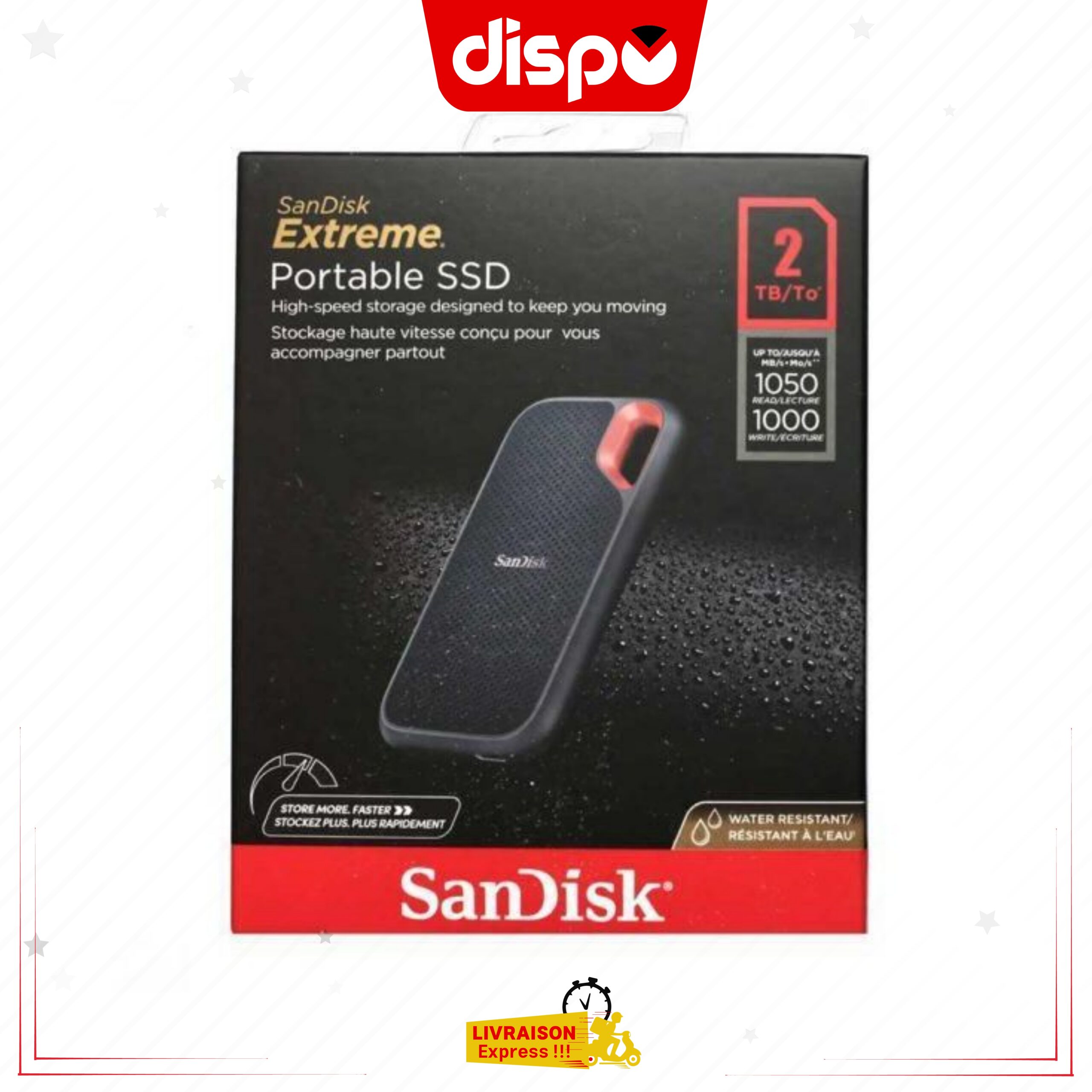 Disque Dur Portable SanDisk 2TB Extreme NVMe SSD V2, 1050 Mo/s en lecture, 1000 Mo/s en écriture