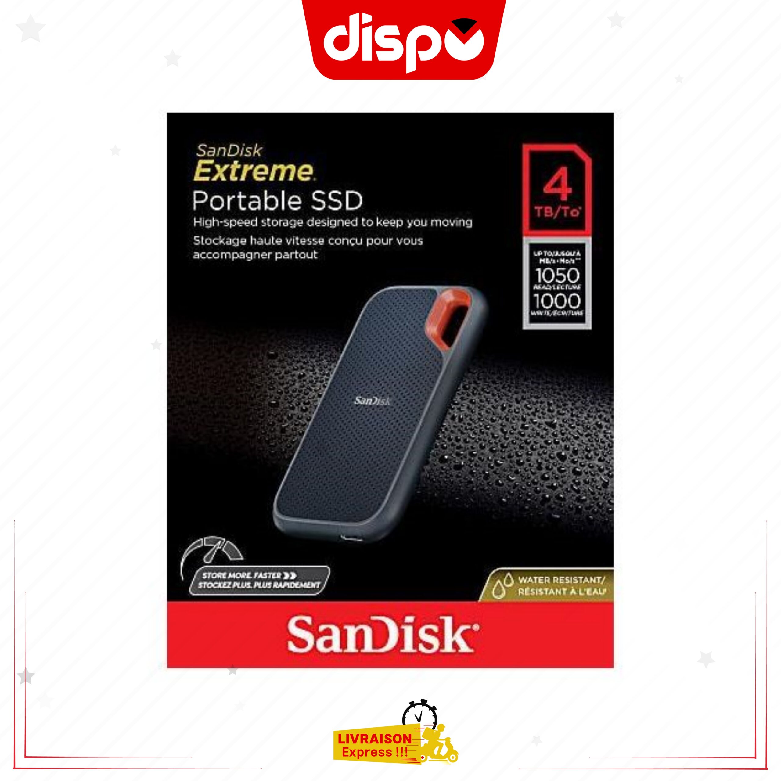 Disque Dur Portable SanDisk 4TB Extreme NVMe SSD V2, 1050 Mo/s en lecture, 1000 Mo/s en écriture
