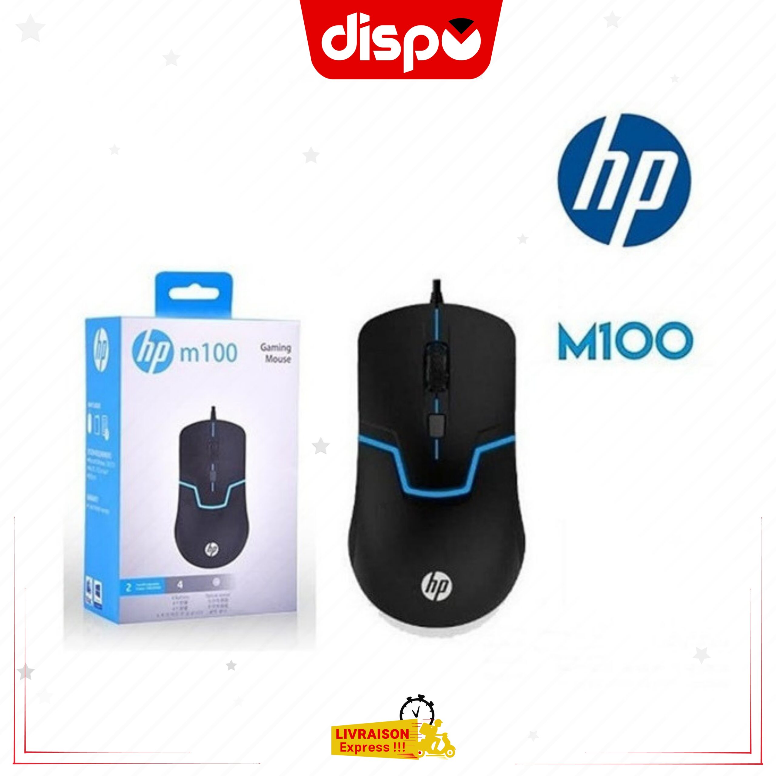 Souris Gaming HP M100 – Noir, 2400 DPI, capteur optique, 4 boutons