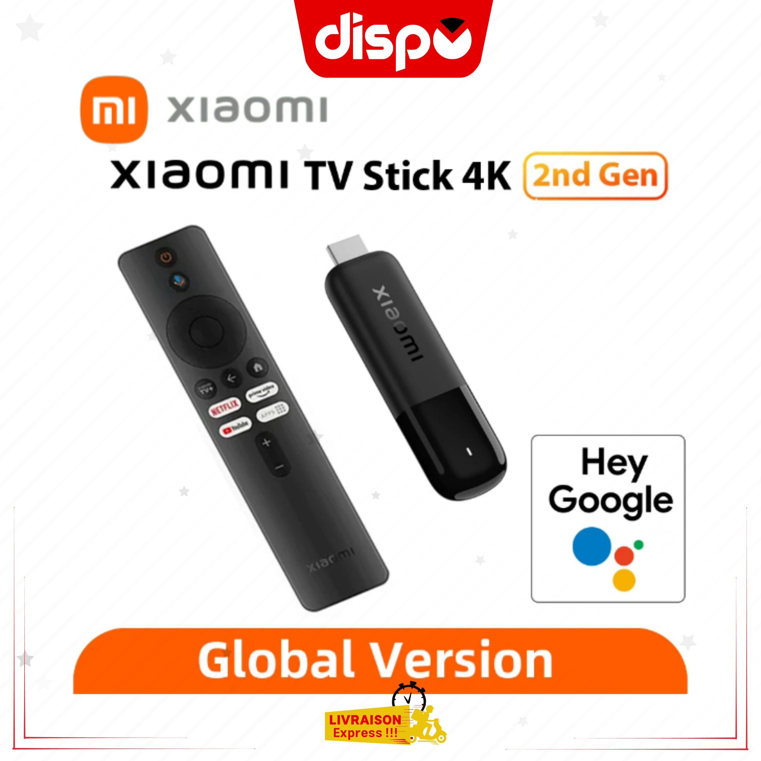 Xiaomi Mi TV Stick 4K (2nd Gen), Clé de Streaming Mi Google TV Compatible avec Google Cast, Télécommande Vocale, Noir.