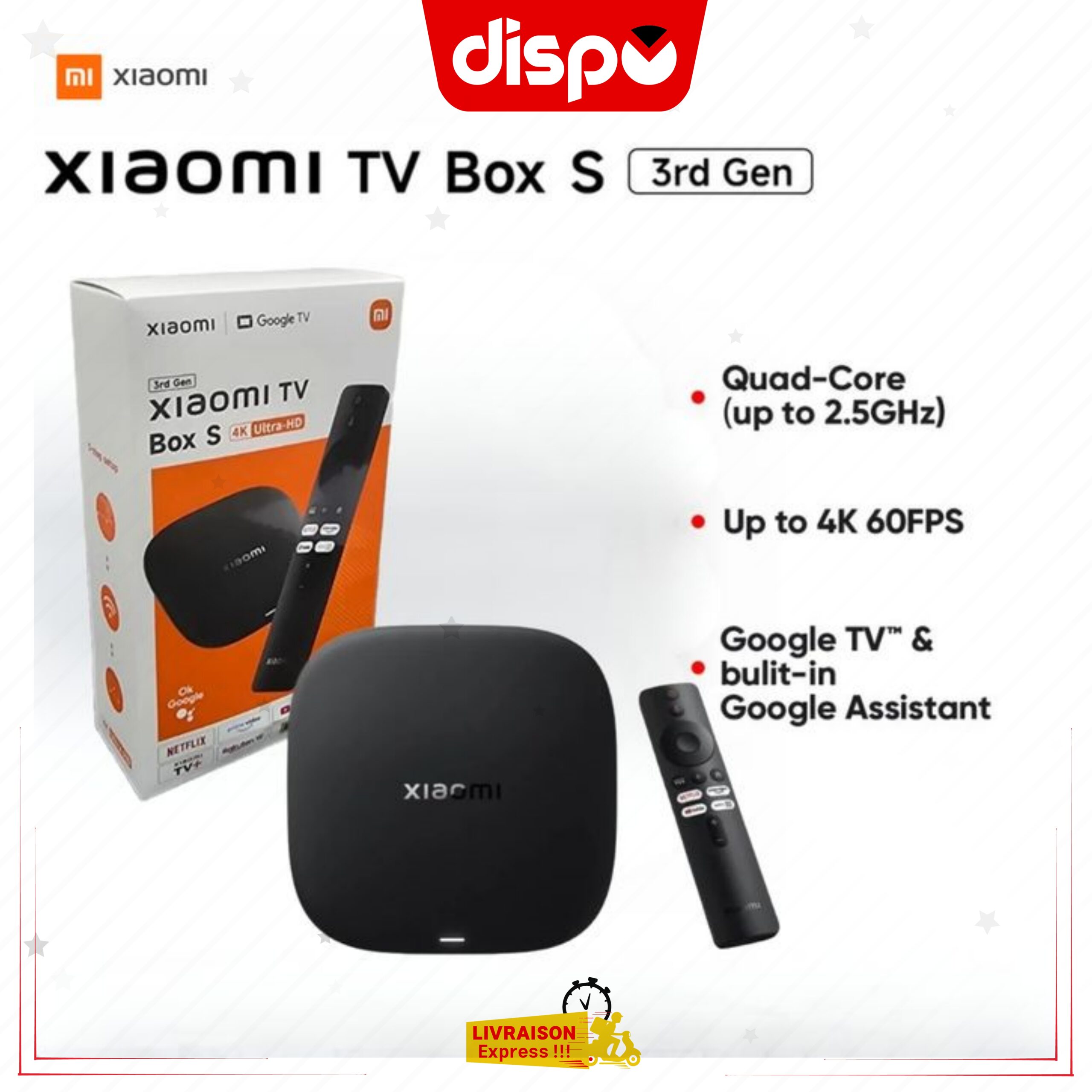 Boîtier TV Xiaomi TV Box S 3e génération avec résolution 4K, compatible WiFi 6 et Google TV Noir.