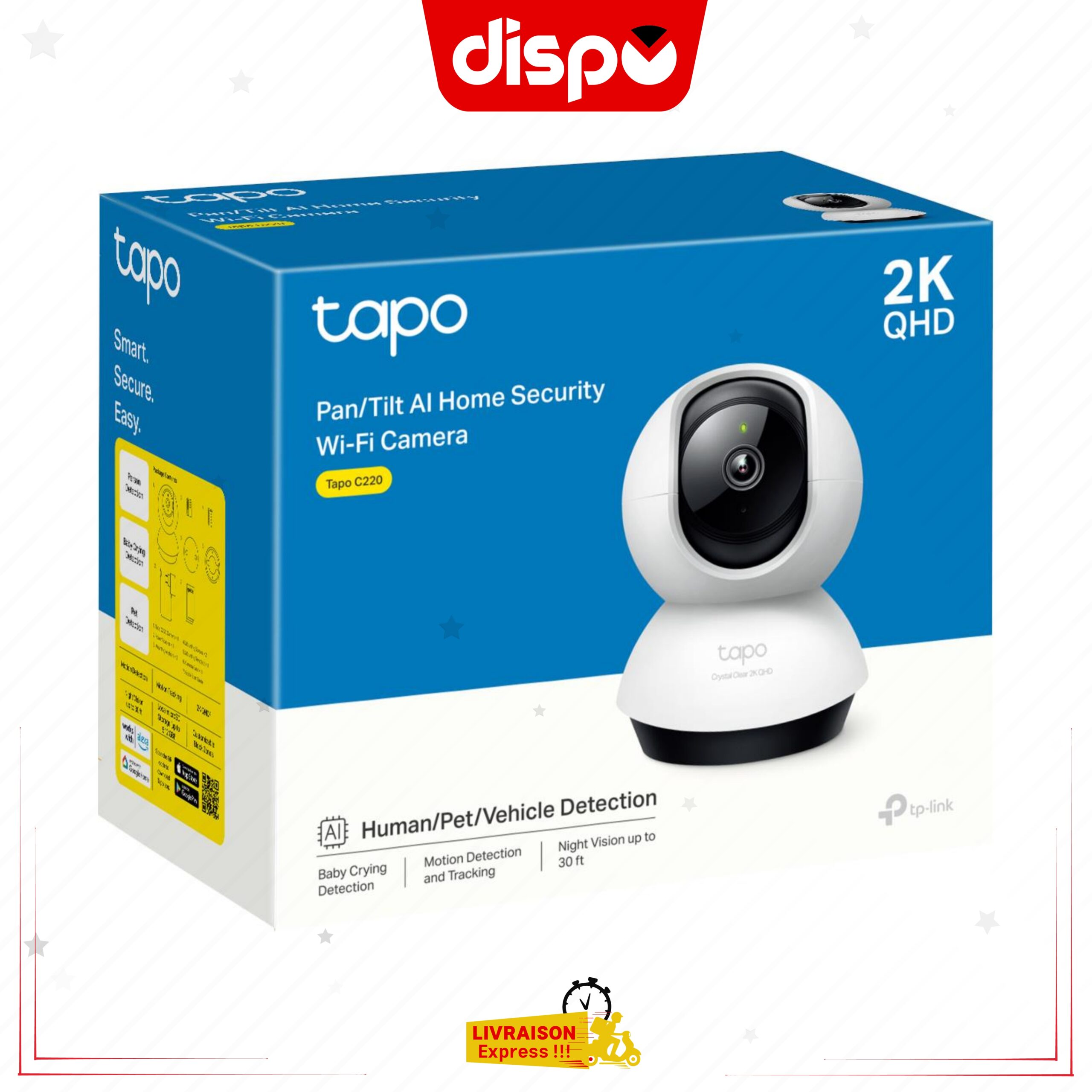 Caméra TP-Link Tapo C220 – Intérieure 2K QHD 3MP, 360°, Détection de Personne, Pleurs de Bébé, Vision Nocturne, Audio Bidirectionnel