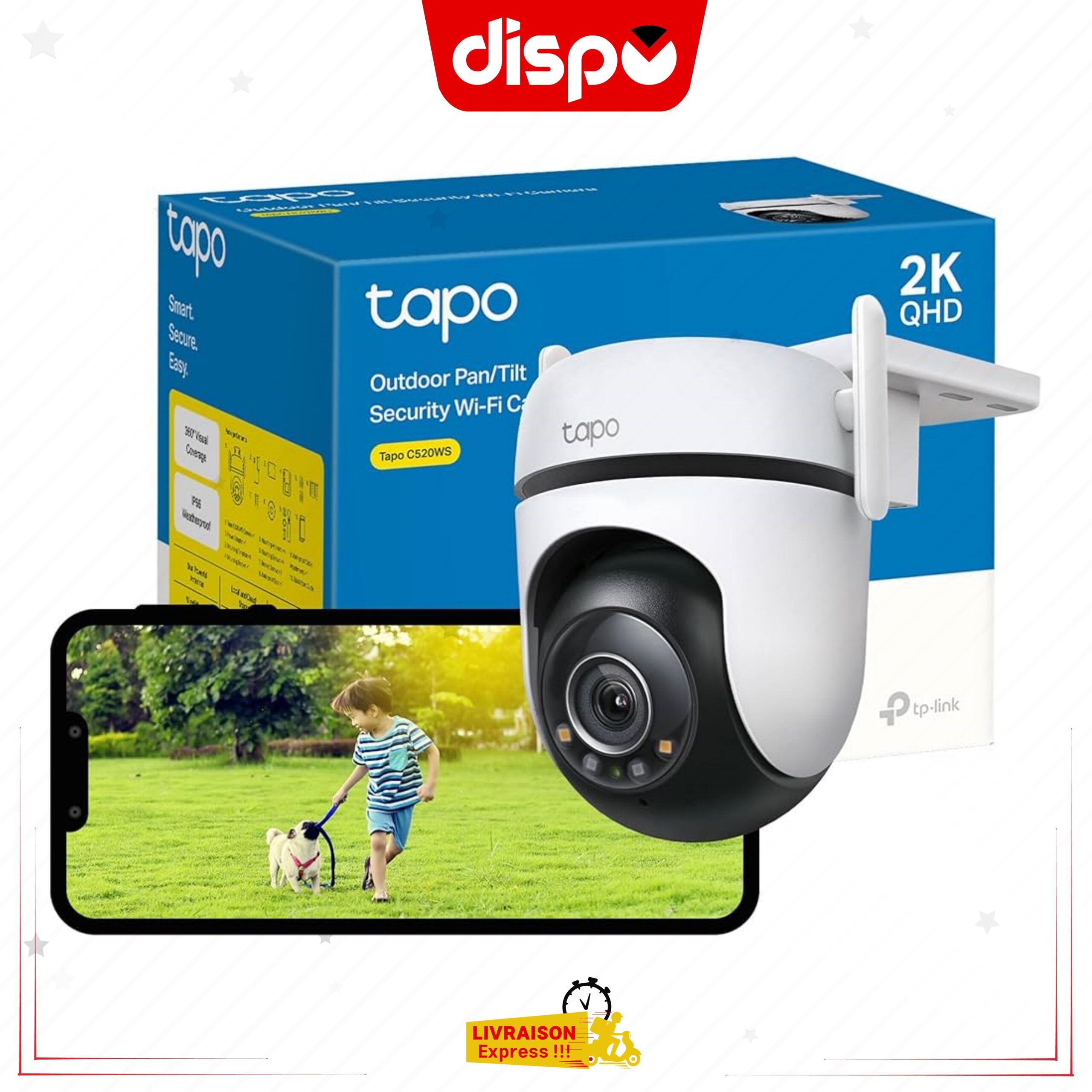 Caméra TP-Link Tapo C520WS – Panoramique – Inclinable – 360° – 2K QHD – Extérieur